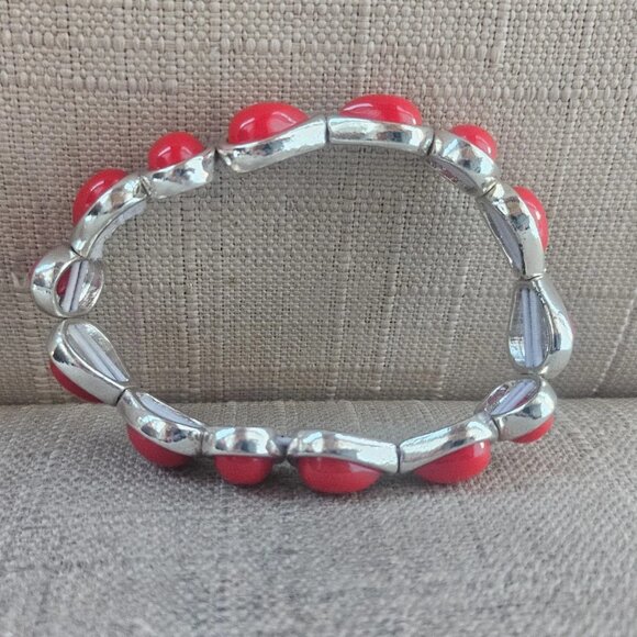 Christmas Bracelet Red Silver Tone Fashion Jewelry Stretched Wrist Band New Unb - Picture 4 of 11